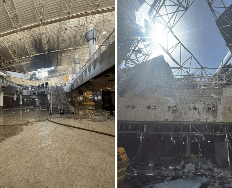 a collage of two photos which sows damage to Termina 1 at Kuwait International Airport after an Iranian drone attack