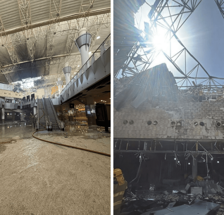 a collage of two photos which sows damage to Termina 1 at Kuwait International Airport after an Iranian drone attack
