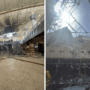 a collage of two photos which sows damage to Termina 1 at Kuwait International Airport after an Iranian drone attack