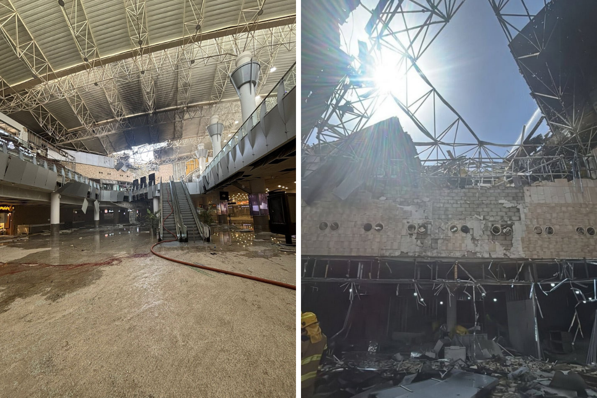 a collage of two photos which sows damage to Termina 1 at Kuwait International Airport after an Iranian drone attack
