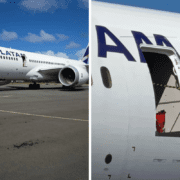 two photos of an airplane door missing from a LATAM Boeing 787 Dreamliner