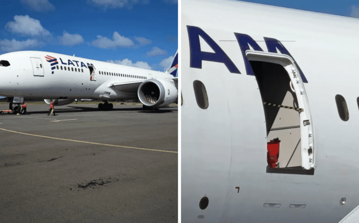 two photos of an airplane door missing from a LATAM Boeing 787 Dreamliner