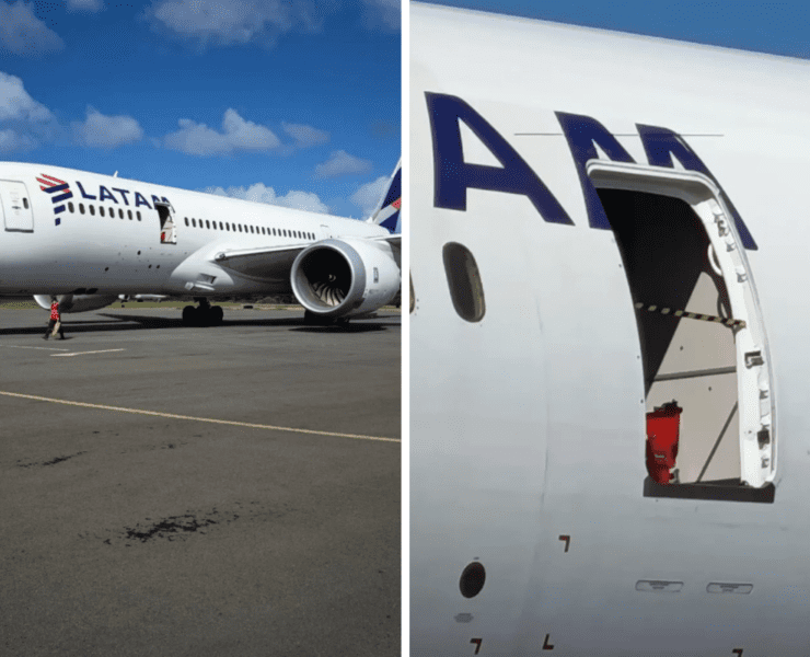 two photos of an airplane door missing from a LATAM Boeing 787 Dreamliner
