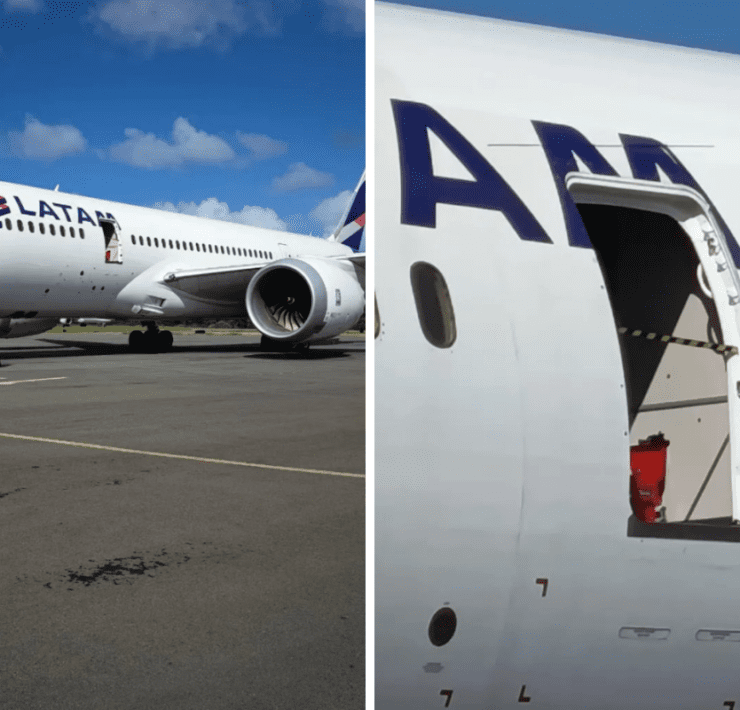 two photos of an airplane door missing from a LATAM Boeing 787 Dreamliner