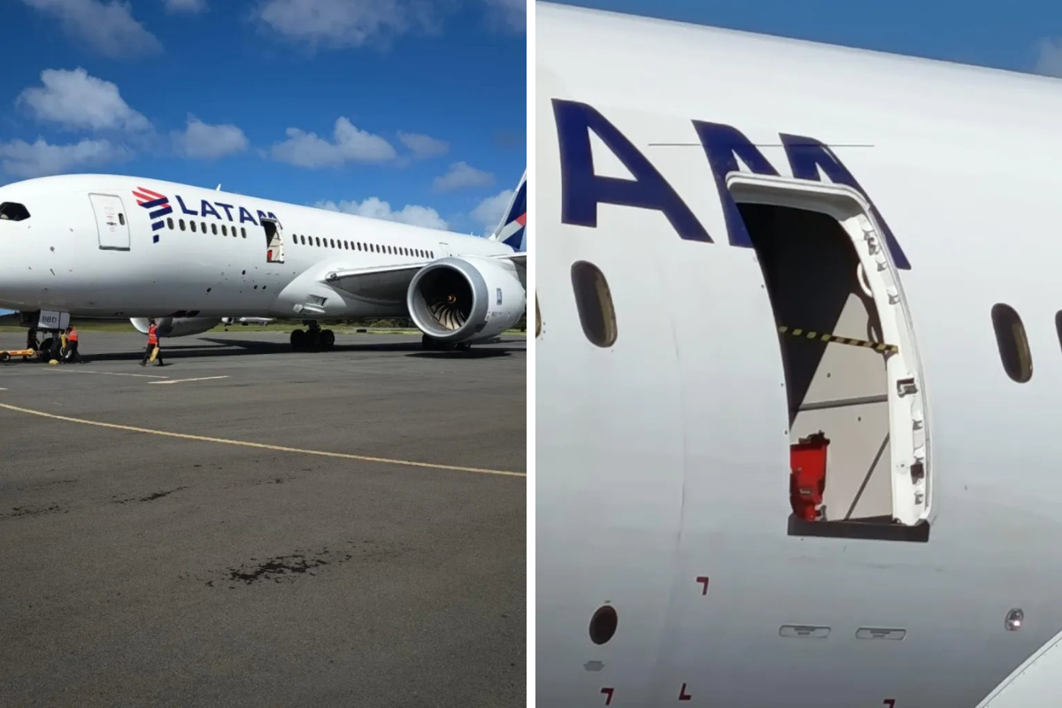 two photos of an airplane door missing from a LATAM Boeing 787 Dreamliner