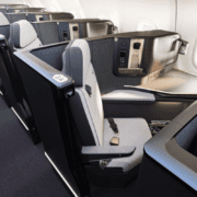 a rendering of an airplane cabin featuring the Safran Vue business class seat