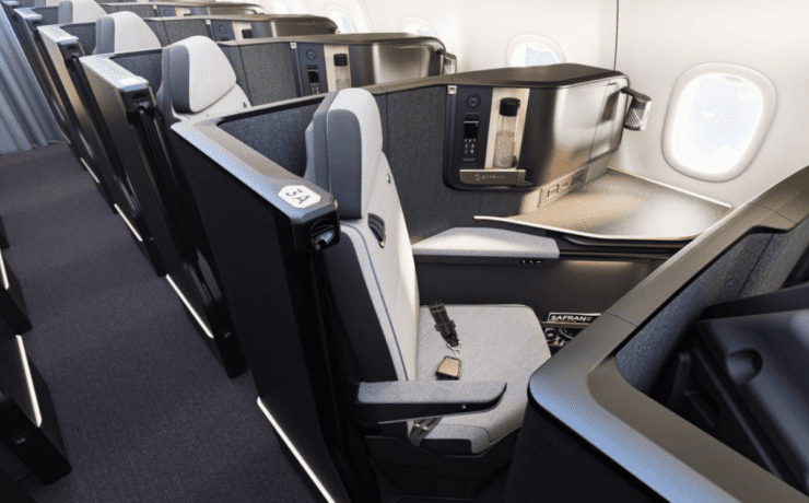 a rendering of an airplane cabin featuring the Safran Vue business class seat