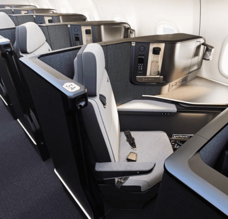 a rendering of an airplane cabin featuring the Safran Vue business class seat