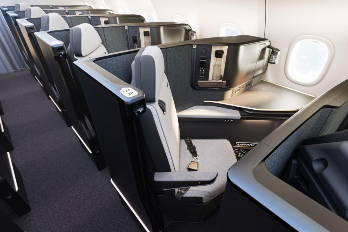 a rendering of an airplane cabin featuring the Safran Vue business class seat