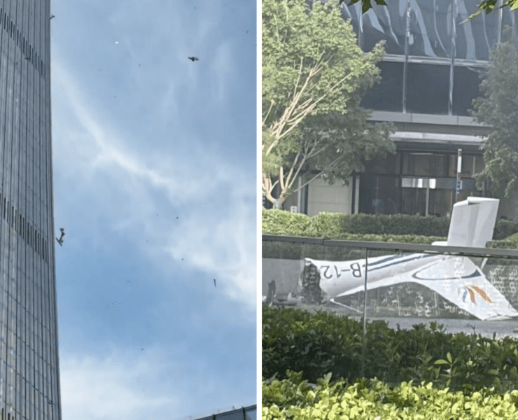 image of a small plane that has crashed into a skyscraper in Beijing