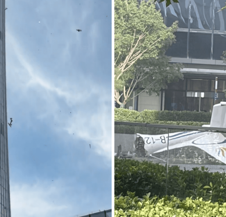 image of a small plane that has crashed into a skyscraper in Beijing