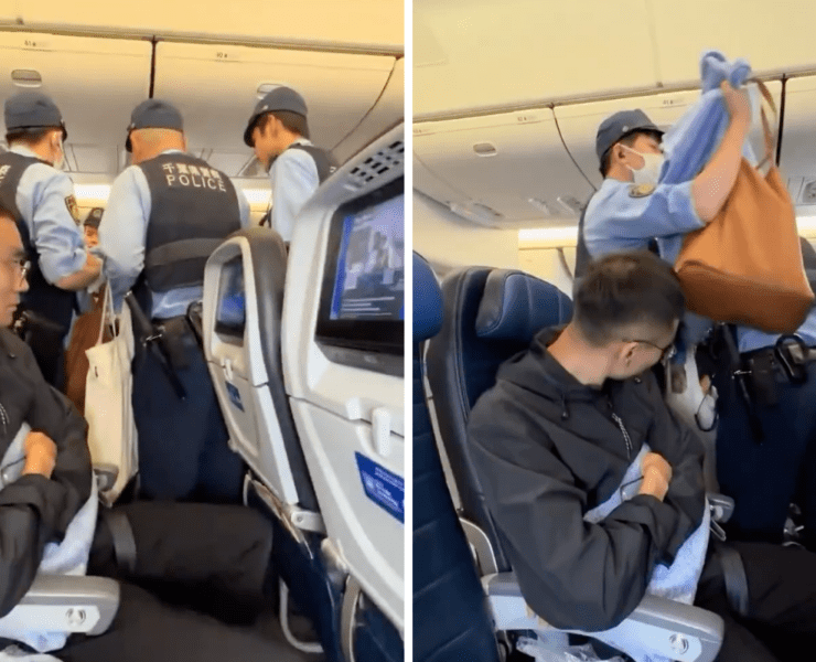 a montage of japanese police officers removing a woman from a united airlines plane at tokyo narita