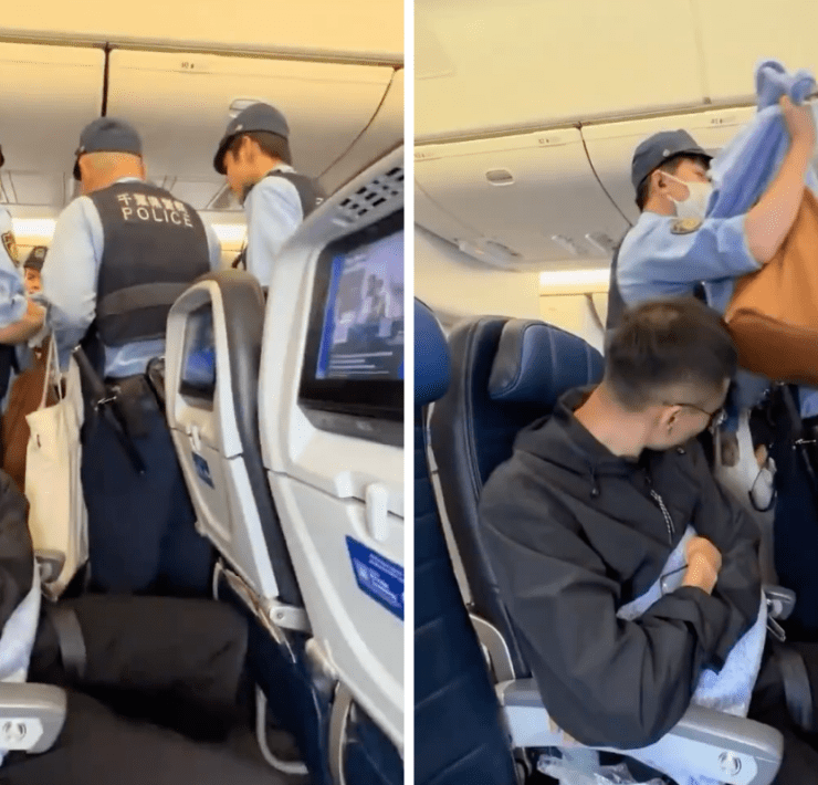 a montage of japanese police officers removing a woman from a united airlines plane at tokyo narita