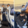 a montage of japanese police officers removing a woman from a united airlines plane at tokyo narita