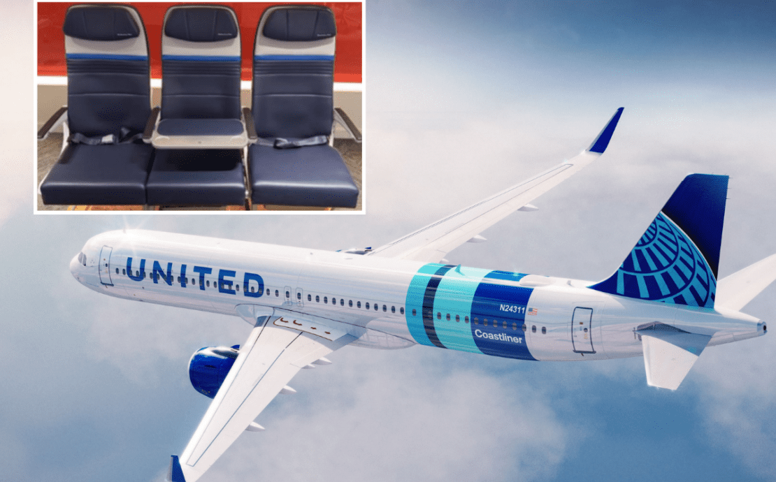 a rendering on a united airlines a321 coastliner with an inset photo of a new economy seat