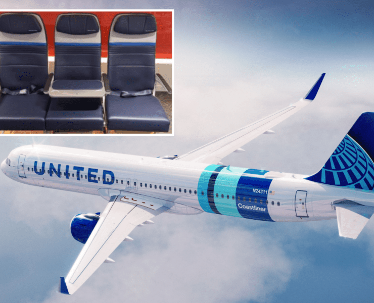 a rendering on a united airlines a321 coastliner with an inset photo of a new economy seat