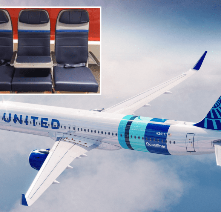 a rendering on a united airlines a321 coastliner with an inset photo of a new economy seat