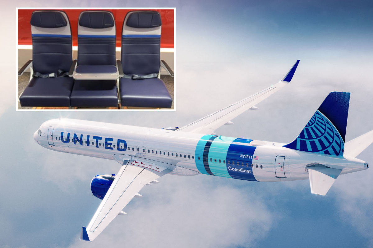 a rendering on a united airlines a321 coastliner with an inset photo of a new economy seat
