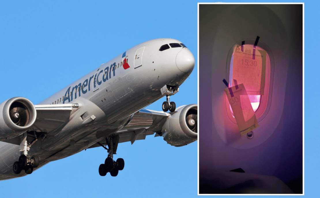 a montage of an american airlines boeing 787 and a broken dimmer on the electeonic window shade