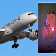 a montage of an american airlines boeing 787 and a broken dimmer on the electeonic window shade