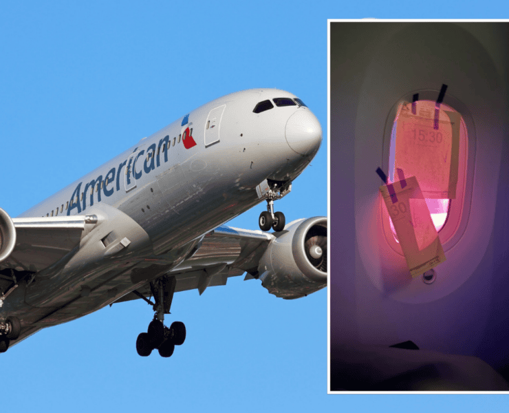 a montage of an american airlines boeing 787 and a broken dimmer on the electeonic window shade
