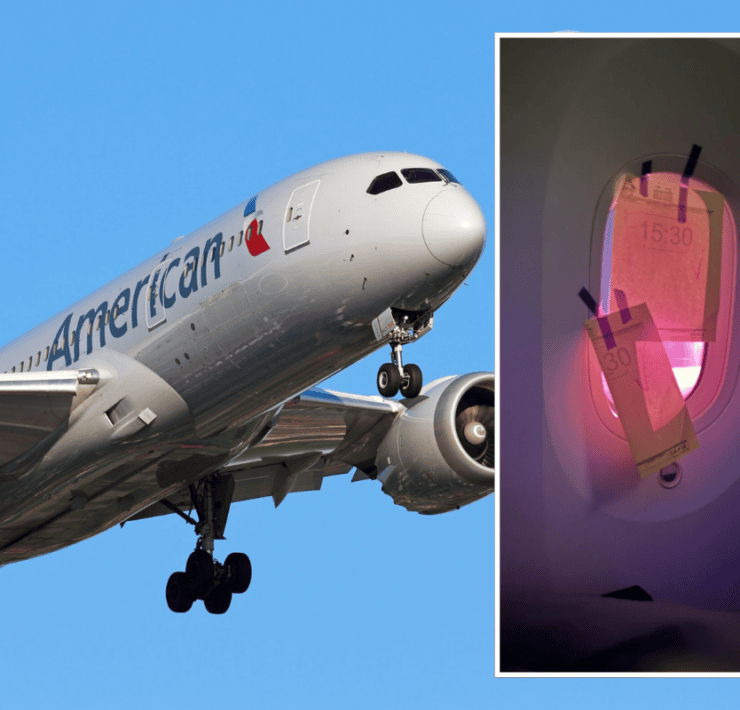 a montage of an american airlines boeing 787 and a broken dimmer on the electeonic window shade