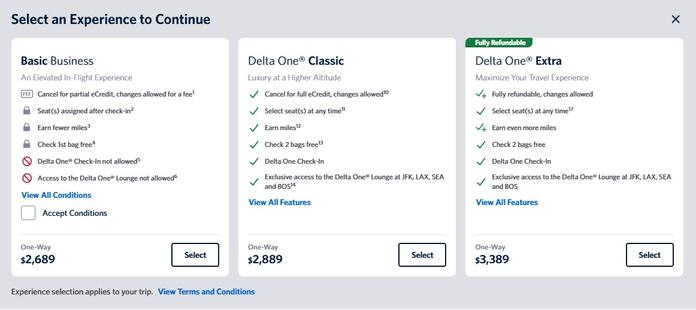 an example of Delta's new business class fares