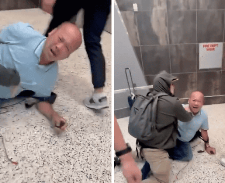 a collage of ice agents attempting to detain a man at LAS airport