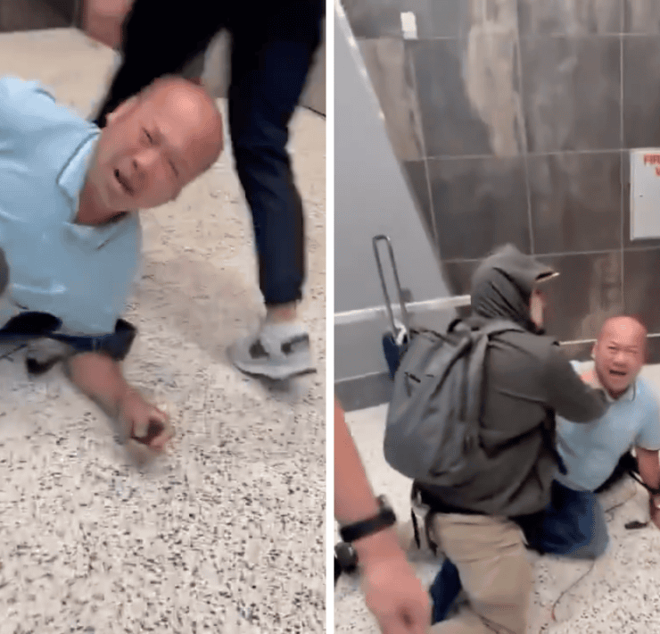 a collage of ice agents attempting to detain a man at LAS airport