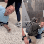 a collage of ice agents attempting to detain a man at LAS airport
