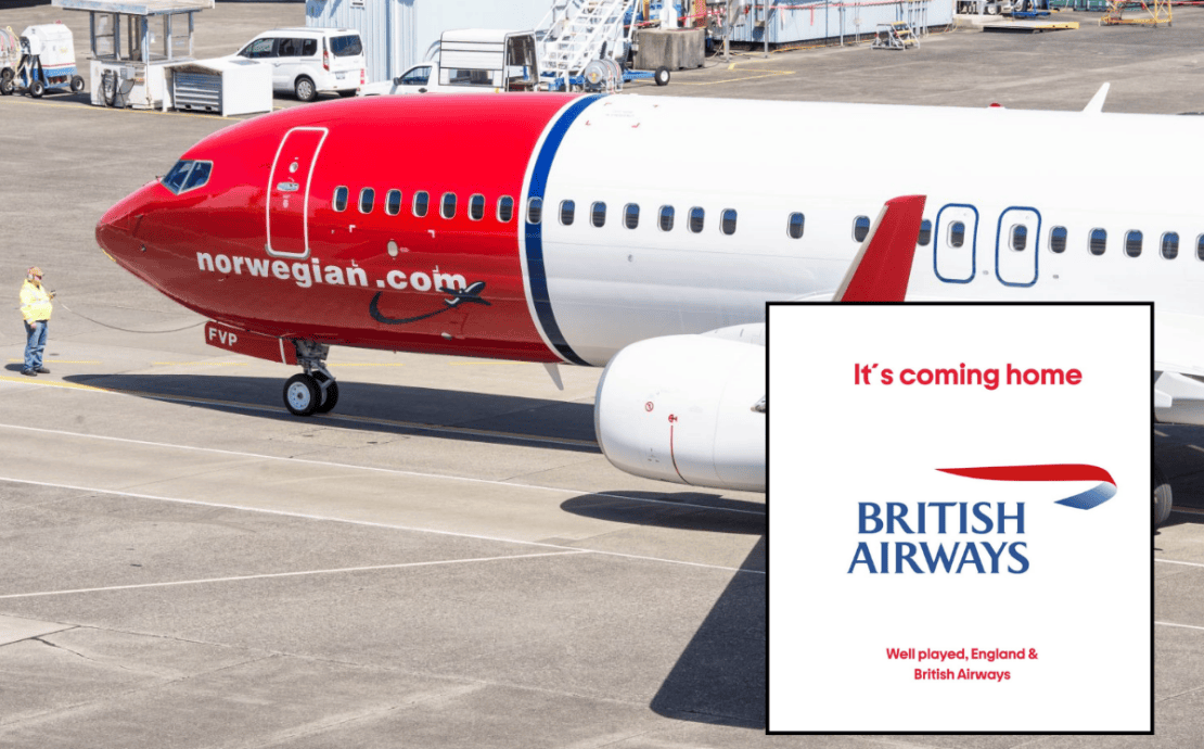 a norwegian boeing 737 with an inset photo of the british airways logo in an instagram post