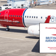 a norwegian boeing 737 with an inset photo of the british airways logo in an instagram post