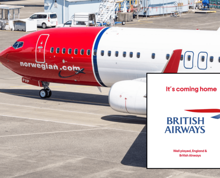 a norwegian boeing 737 with an inset photo of the british airways logo in an instagram post