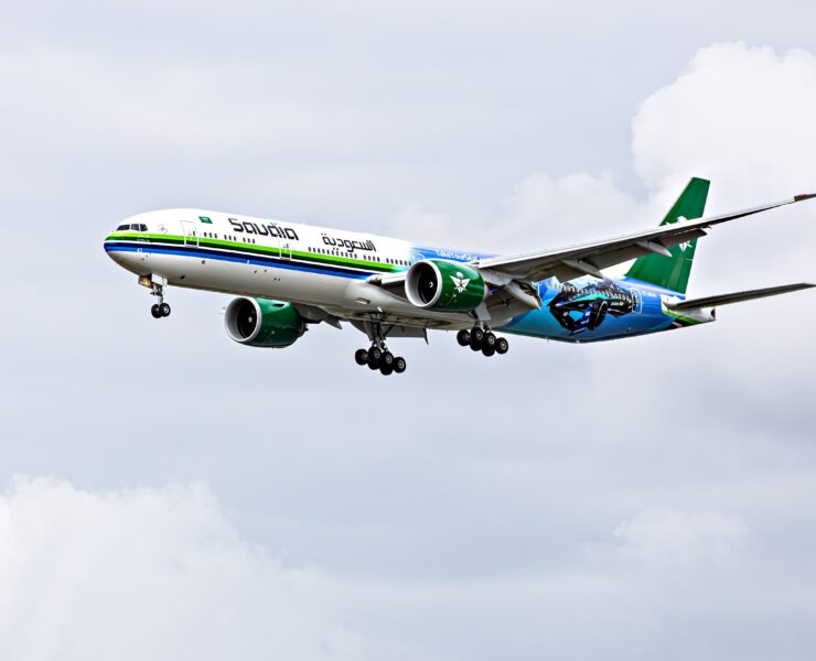 saudia airlines boieng 777 flying in the sky