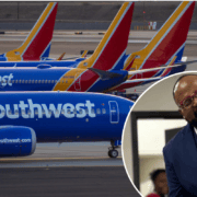 A montage of southwest airlines airplanes and flight attendant Lorenzo Thompson