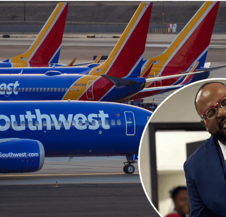 A montage of southwest airlines airplanes and flight attendant Lorenzo Thompson
