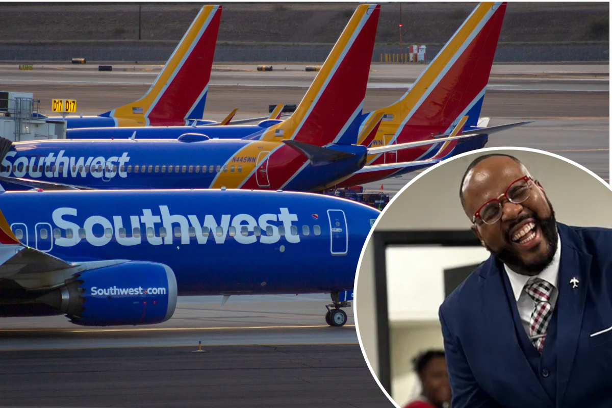 A montage of southwest airlines airplanes and flight attendant Lorenzo Thompson