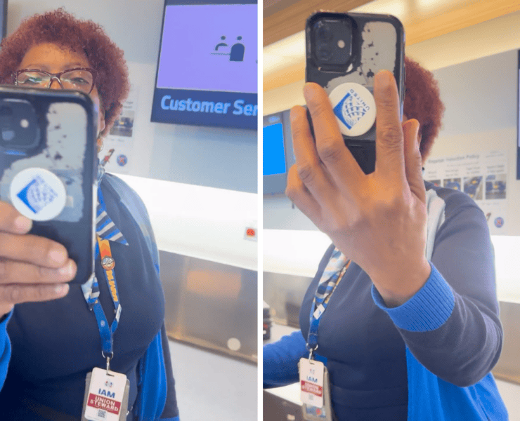 a collage of a united airlines airport agent