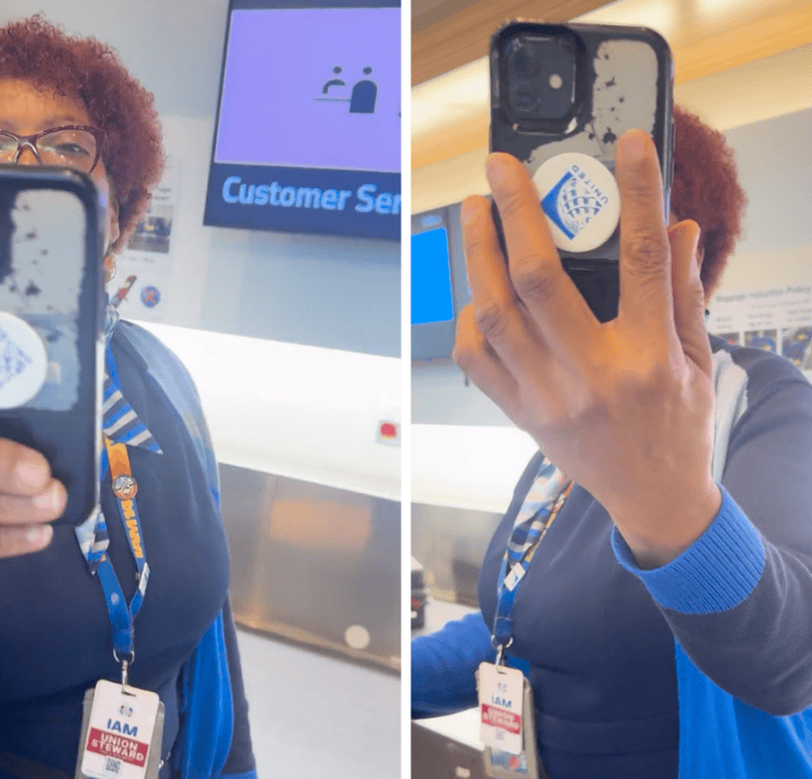 a collage of a united airlines airport agent