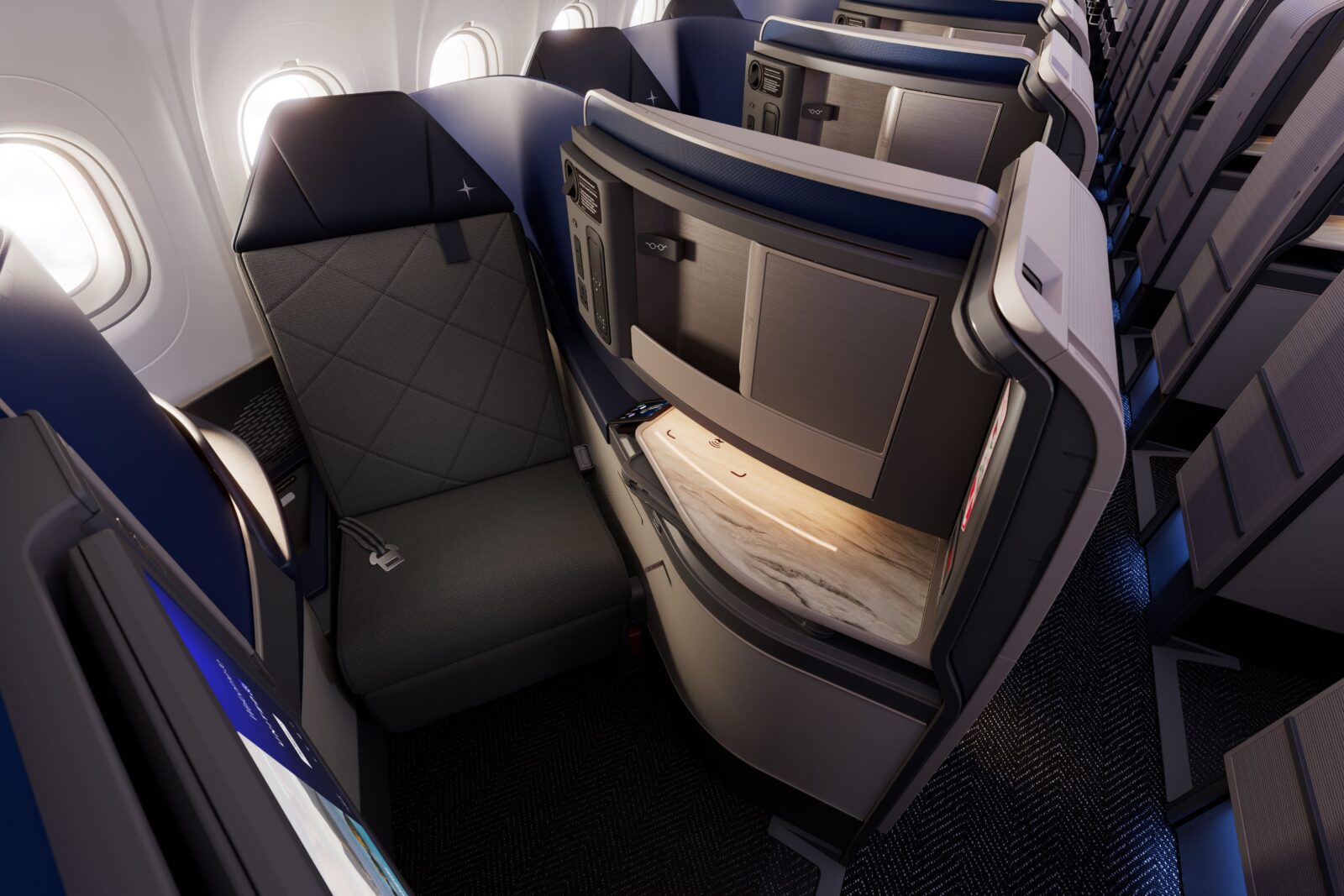 a rendering of United's lie-flat business class on 'coastliner' airbus a321neo aircraft