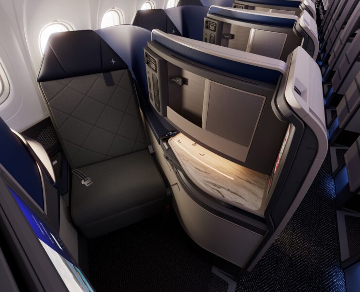 a rendering of United's lie-flat business class on 'coastliner' airbus a321neo aircraft