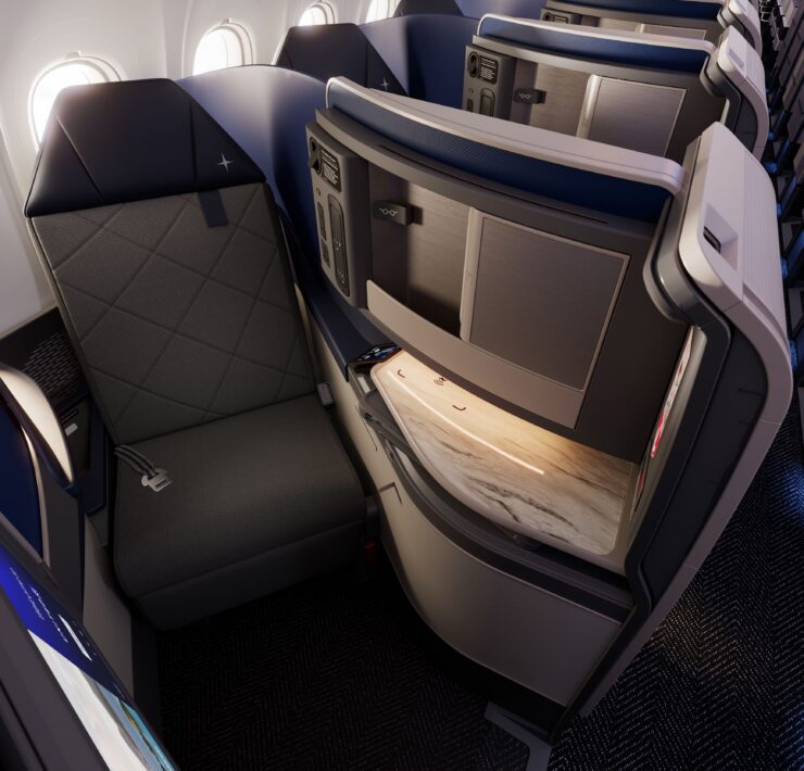a rendering of United's lie-flat business class on 'coastliner' airbus a321neo aircraft