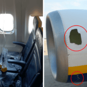 a collage of photos of a ryanair plane that suffered a mid-air window blowout