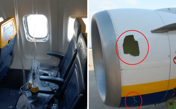 a collage of photos of a ryanair plane that suffered a mid-air window blowout