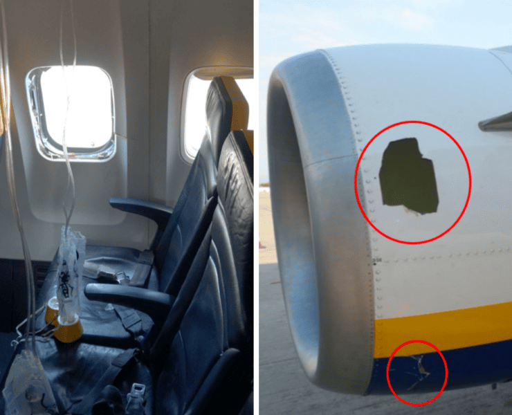 a collage of photos of a ryanair plane that suffered a mid-air window blowout