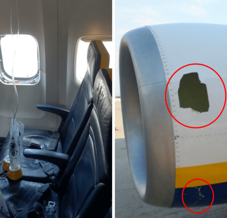 a collage of photos of a ryanair plane that suffered a mid-air window blowout