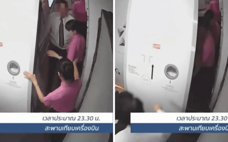 a collage of thai airways cabin crew shutting an airplane cabin door on passengers