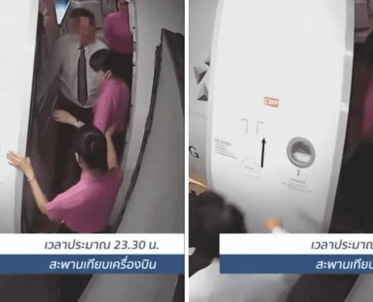 a collage of thai airways cabin crew shutting an airplane cabin door on passengers