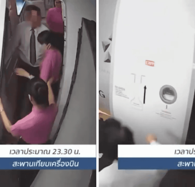 a collage of thai airways cabin crew shutting an airplane cabin door on passengers
