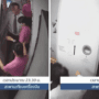 a collage of thai airways cabin crew shutting an airplane cabin door on passengers